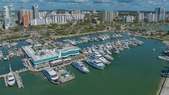 aerial view with a view of city and a water view