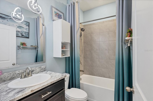 bathroom featuring toilet, shower / bathtub combination with curtain, and vanity