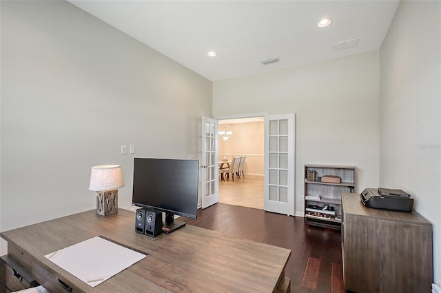 home office with visible vents, dark wood-style floors, french doors, a notable chandelier, and recessed lighting