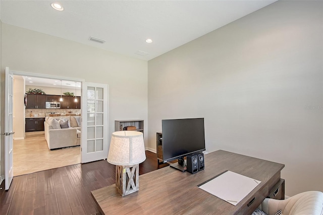 home office with french doors, wood finished floors, visible vents, and recessed lighting