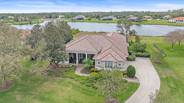 aerial view with a water view