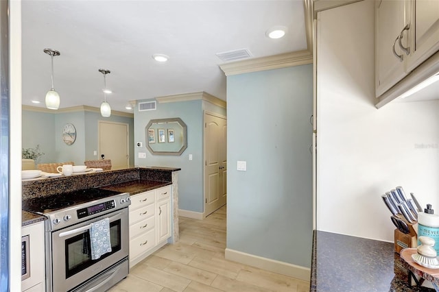 kitchen with hanging light fixtures, visible vents, stainless steel electric stove, and ornamental molding