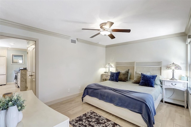 bedroom with ceiling fan, ornamental molding, light wood-type flooring, and visible vents