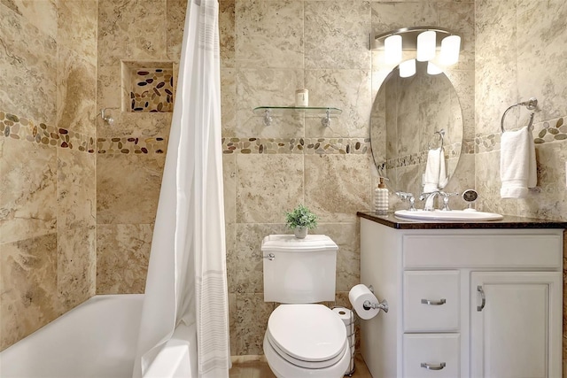 full bathroom with tile walls, tasteful backsplash, toilet, shower / tub combo, and vanity