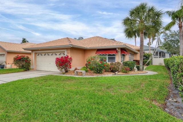 ranch-style home with concrete driveway, an attached garage, a front lawn, and stucco siding