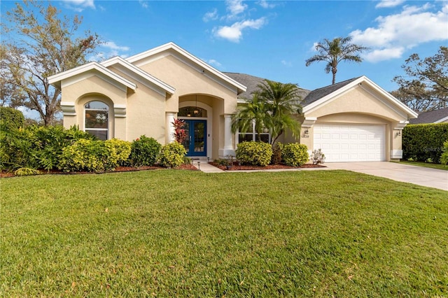 single story home with concrete driveway, an attached garage, a front lawn, and stucco siding