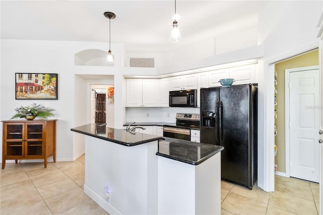 kitchen featuring black appliances, light tile patterned floors, and white cabinets