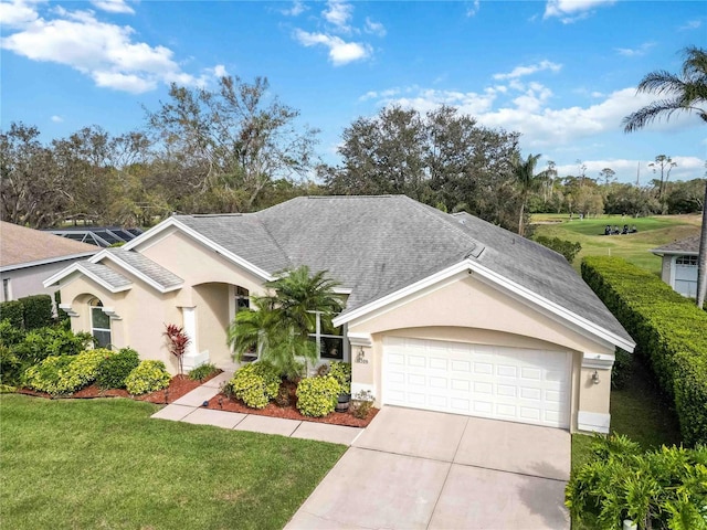 ranch-style house featuring stucco siding, roof with shingles, driveway, an attached garage, and a front lawn