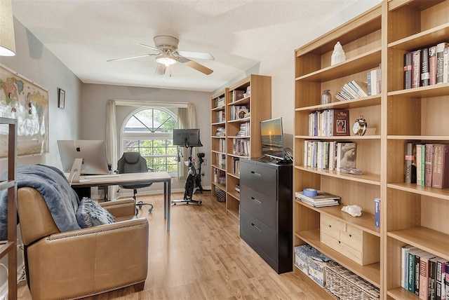 office space featuring baseboards, ceiling fan, and light wood finished floors