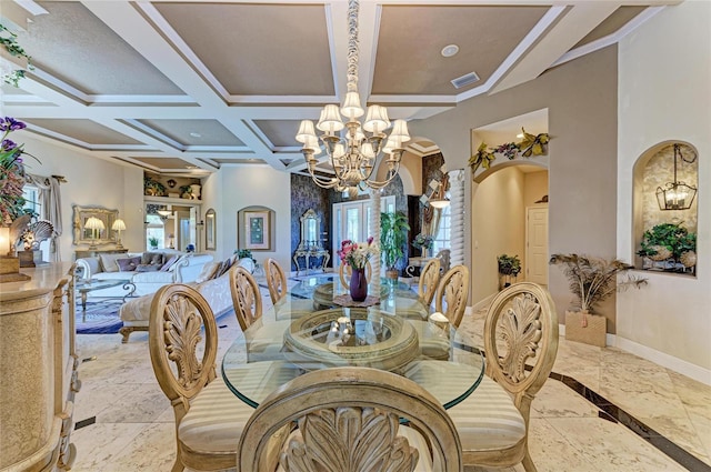 dining room with arched walkways, visible vents, an inviting chandelier, coffered ceiling, and baseboards