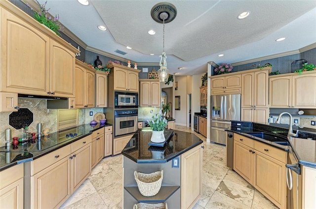 kitchen with stainless steel appliances, a sink, a kitchen island, light brown cabinetry, and open shelves