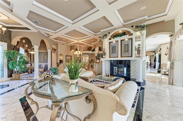 10002 Cherry Hills Avenue Cir, Bradenton, FL 34202 - living room with ornate columns, arched walkways, coffered ceiling, a chandelier, and a tile fireplace