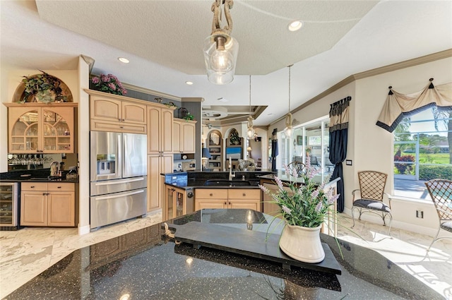 10002 Cherry Hills Avenue Cir, Bradenton, FL 34202 - kitchen with stainless steel refrigerator with ice dispenser, beverage cooler, a sink, a textured ceiling, and light brown cabinetry