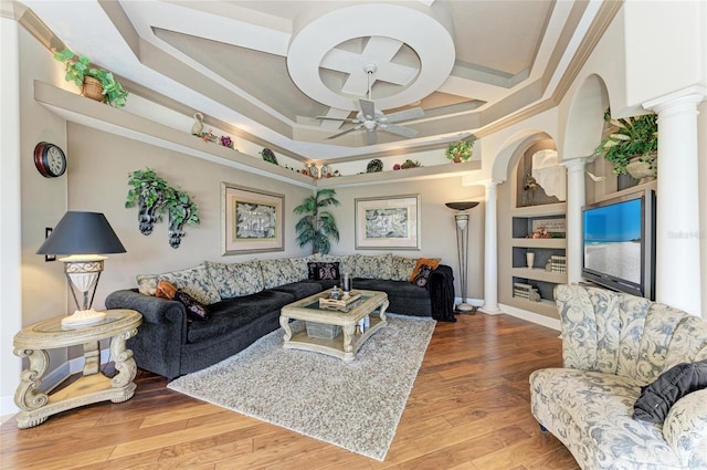 10002 Cherry Hills Avenue Cir, Bradenton, FL 34202 - living room featuring decorative columns, a ceiling fan, ornamental molding, wood finished floors, and coffered ceiling