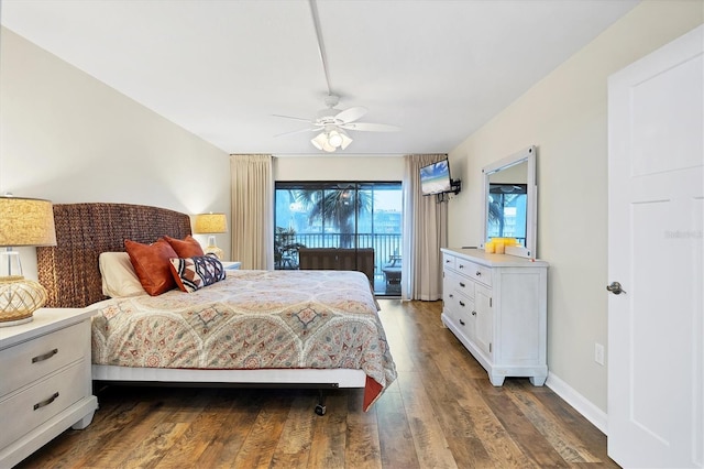 bedroom with ceiling fan, access to outside, dark wood-style flooring, and baseboards