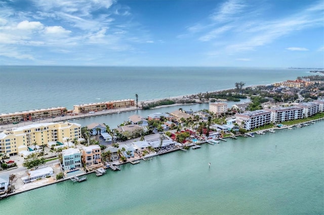 bird's eye view featuring a water view and a city view