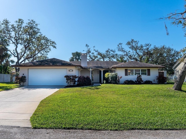 single story home with an attached garage, fence, driveway, stucco siding, and a front yard