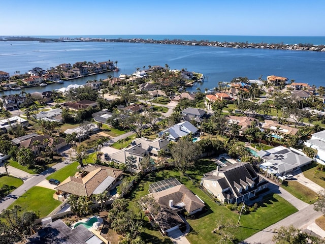 aerial view with a water view and a residential view