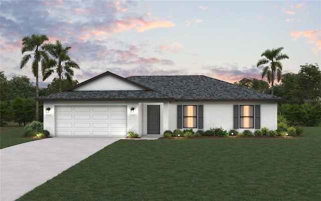 ranch-style home featuring a garage, concrete driveway, a lawn, roof with shingles, and stucco siding