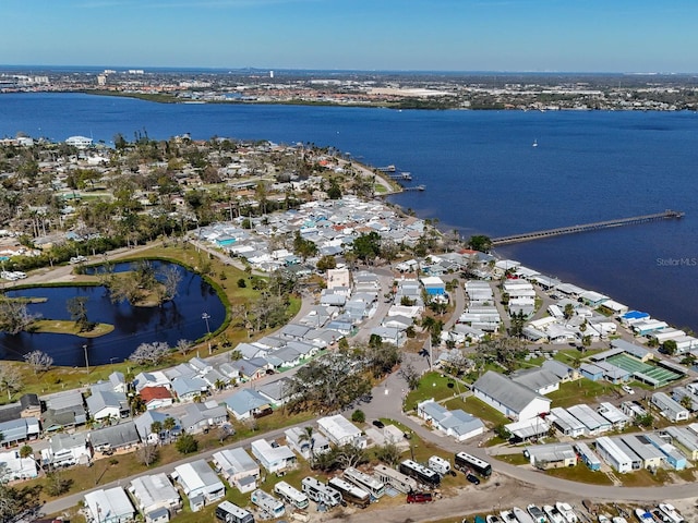 aerial view featuring a water view and a residential view