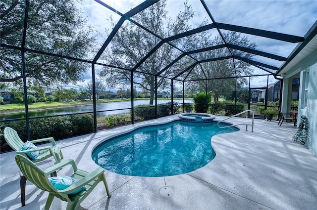 view of swimming pool featuring a pool with connected hot tub, a lanai, a water view, and a patio