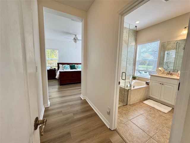 ensuite bathroom featuring a garden tub, plenty of natural light, connected bathroom, and vanity