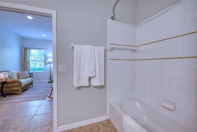 full bath featuring shower / bath combination, tile patterned flooring, baseboards, and recessed lighting