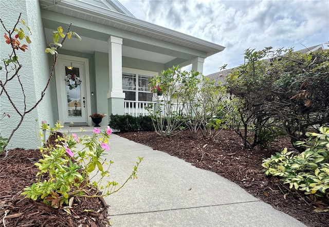 property entrance with covered porch and stucco siding