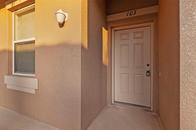 doorway to property featuring stucco siding