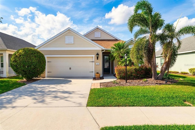 view of front facade featuring a garage, concrete driveway, and a front yard