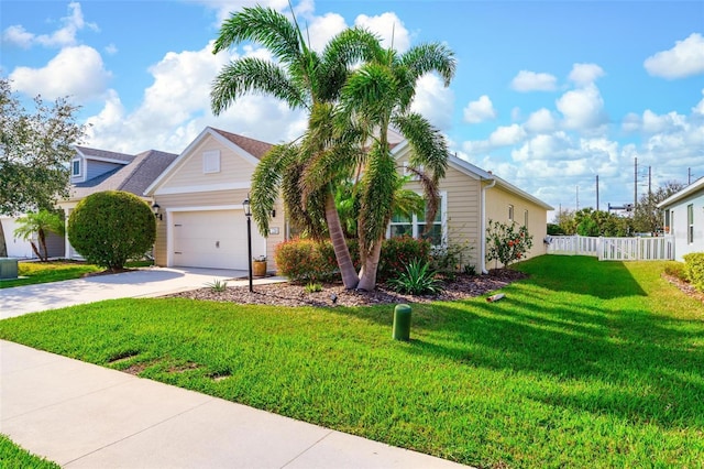 view of front facade featuring a garage, a front yard, fence, and driveway