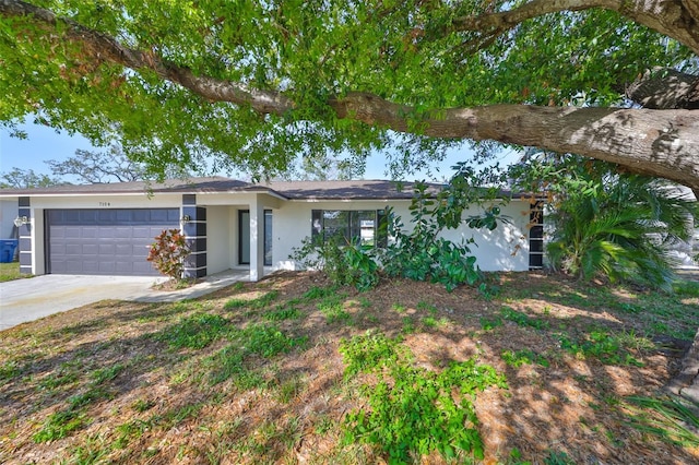 single story home featuring a garage, concrete driveway, and stucco siding