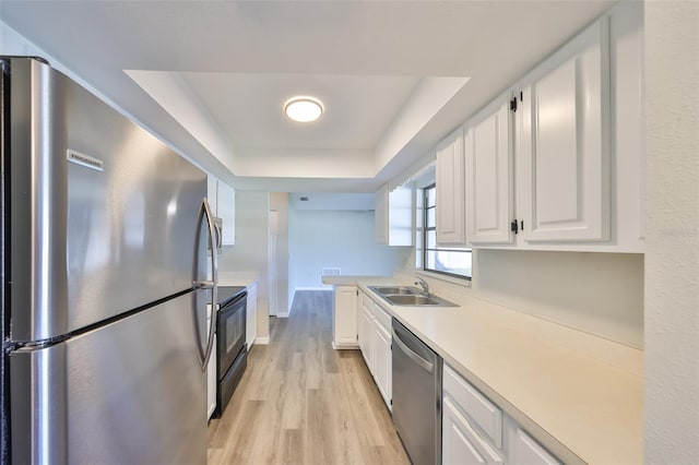 kitchen with white cabinetry, a tray ceiling, stainless steel appliances, and a sink