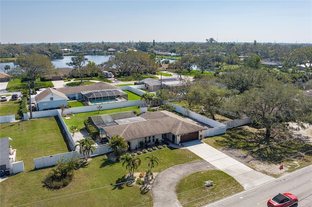 drone / aerial view featuring a water view