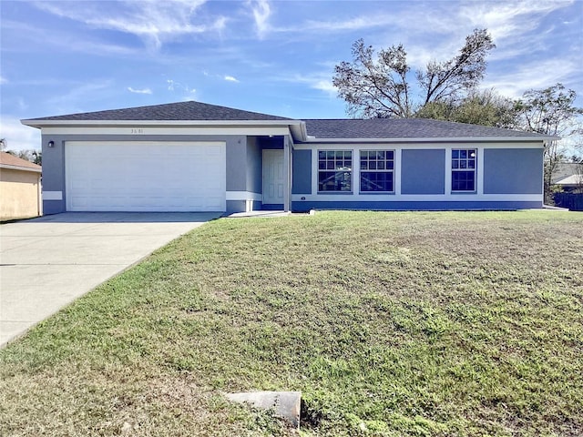 ranch-style home with stucco siding, a shingled roof, a front yard, a garage, and driveway