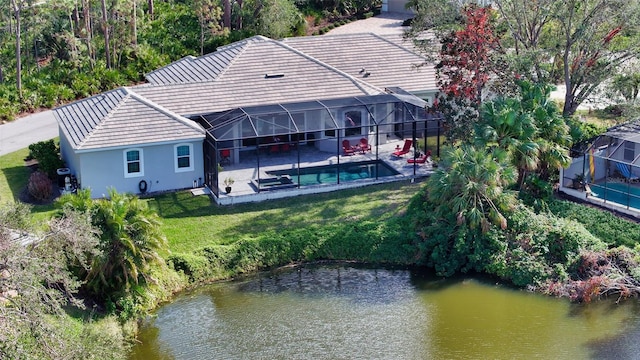 drone / aerial view featuring a water view