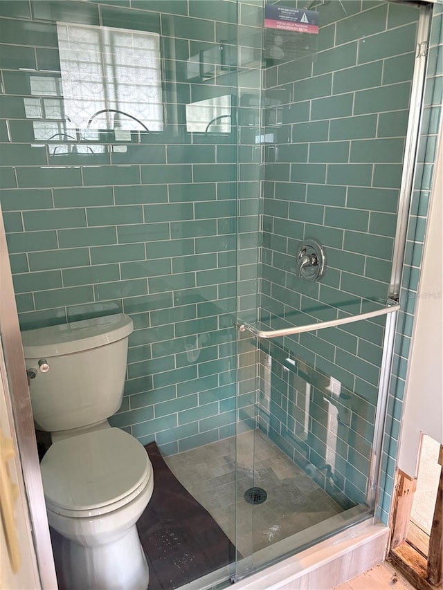 full bathroom featuring a stall shower and toilet