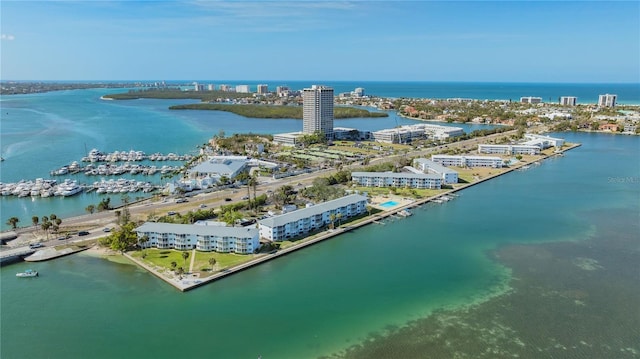 aerial view featuring a water view and a view of city