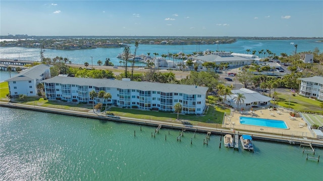 drone / aerial view with a water view