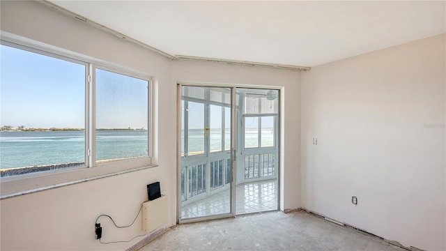 interior space featuring a water view