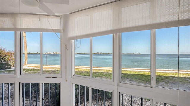 unfurnished sunroom featuring a water view and a healthy amount of sunlight