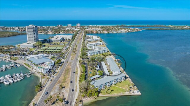 drone / aerial view featuring a city view and a water view