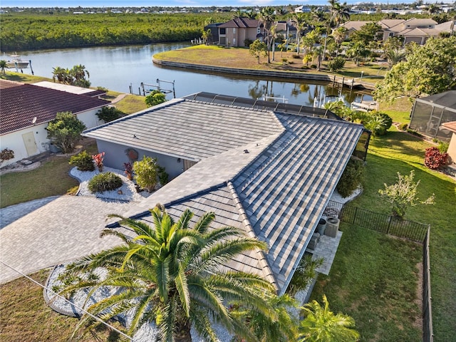 bird's eye view with a water view