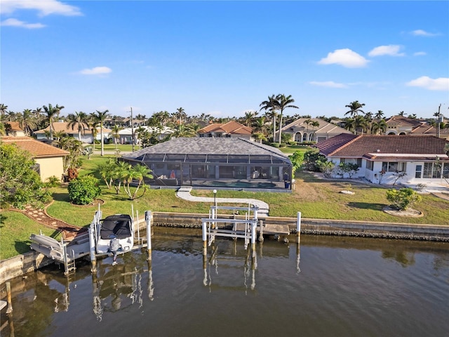 dock area featuring a residential view, a lanai, a water view, and boat lift