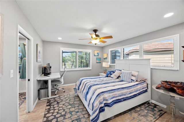 bedroom featuring recessed lighting, a ceiling fan, and baseboards