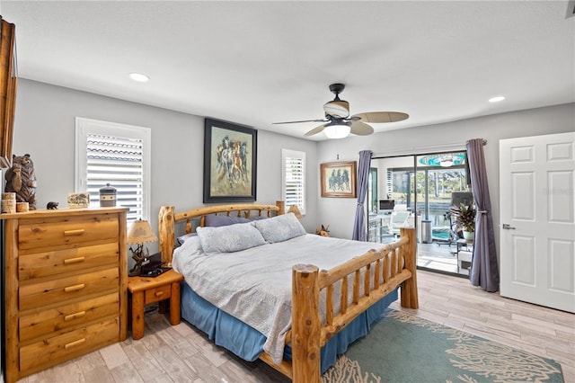 bedroom featuring light wood-style floors, recessed lighting, a ceiling fan, and access to exterior