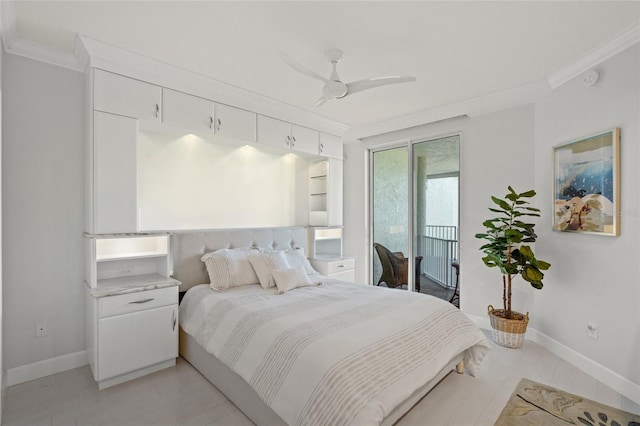 bedroom with light wood finished floors, access to outside, ornamental molding, and baseboards