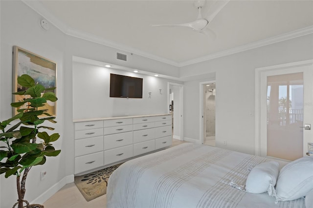 bedroom featuring baseboards, visible vents, ceiling fan, and ornamental molding