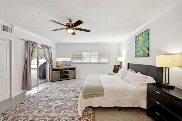 bedroom featuring a textured ceiling, visible vents, baseboards, access to outside, and crown molding