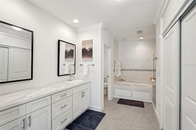 full bath featuring visible vents, toilet, a tub, baseboards, and walk in shower